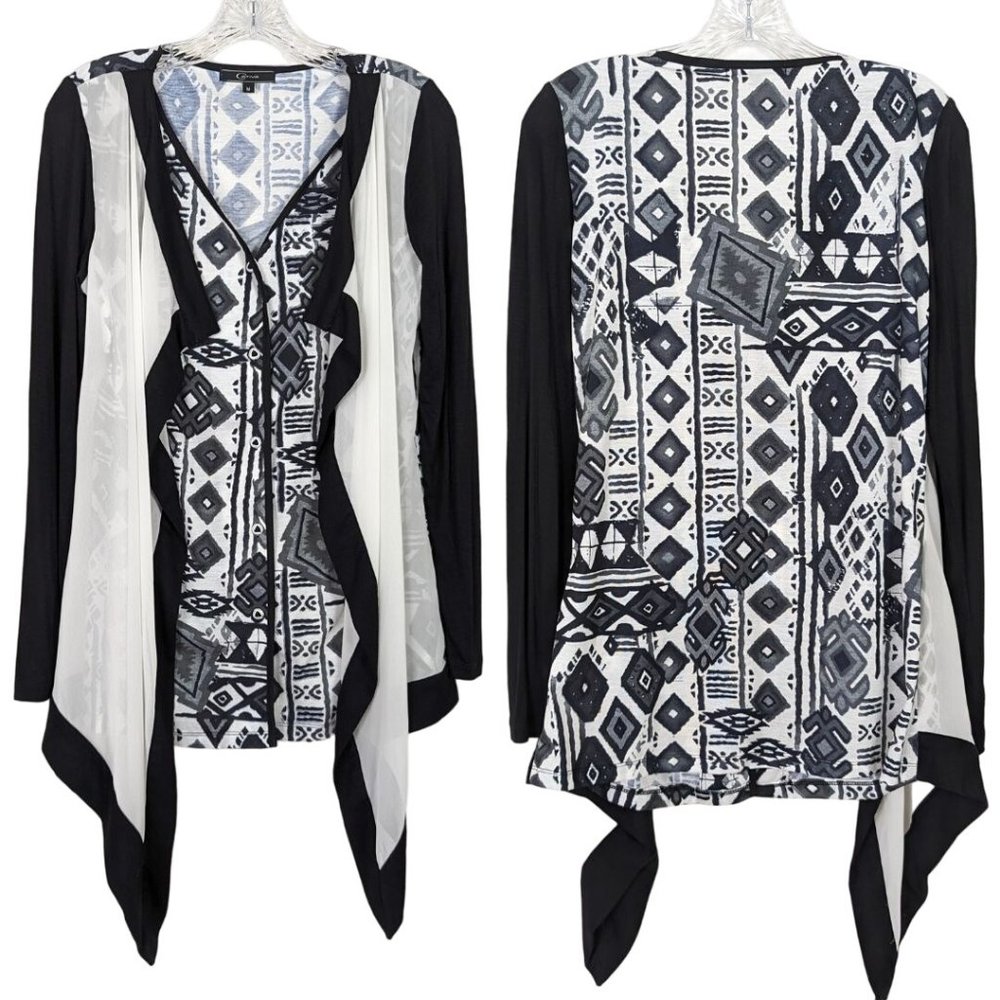 Cativa long sleeve button front abstract white black‎ blouse size Medium